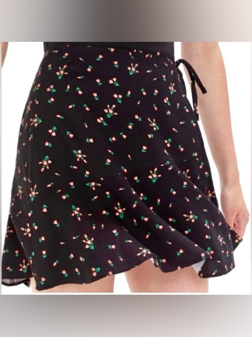 Urban Outfitters Black Floral Ruffle Mini Wrap Skirt - Pink & Green Print